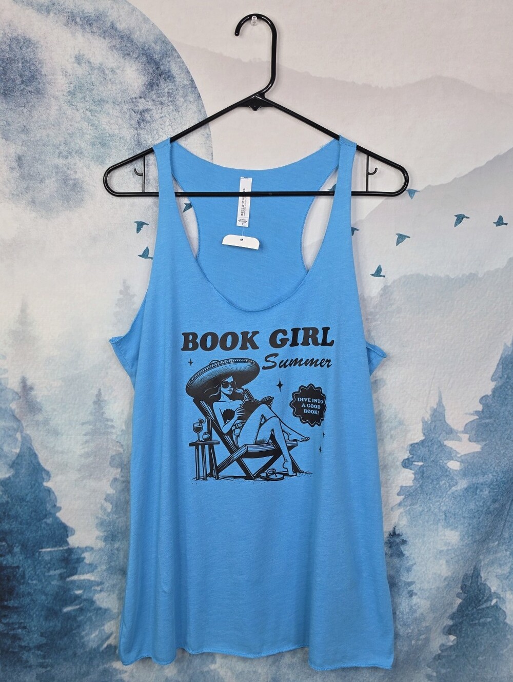 Book Girl Summer Racerback Tank Top Blue NWT Bella Canvas Large